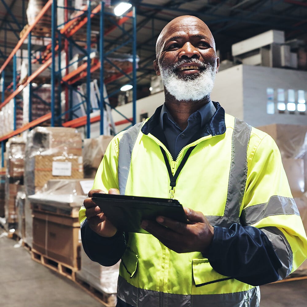 smiling warehouse calibration technician
